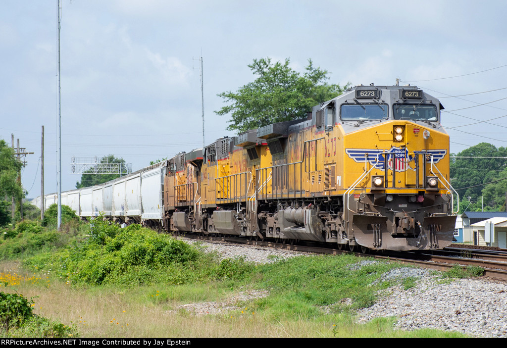 UP 6273 leads a train out the yard